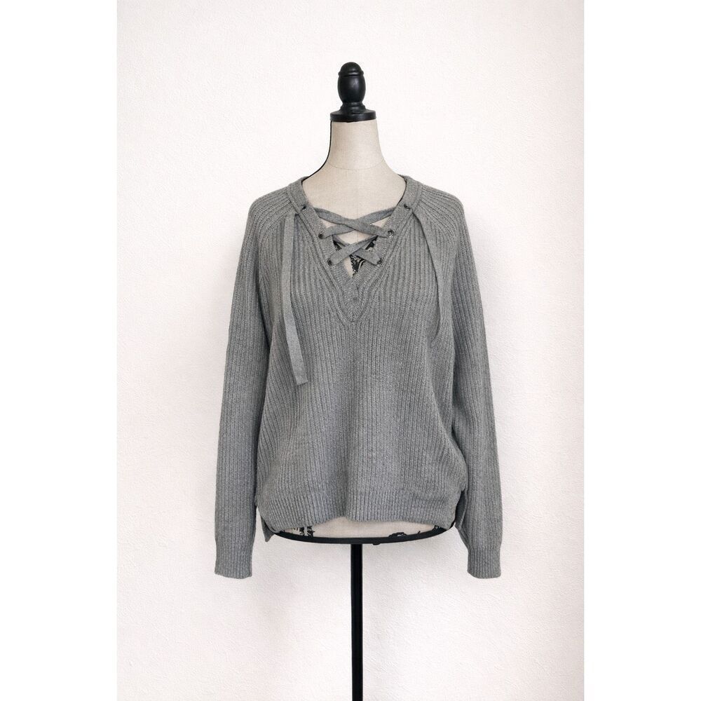 Missguided Lace-Up Ribbed Knit Sweater | Gray | Size 8